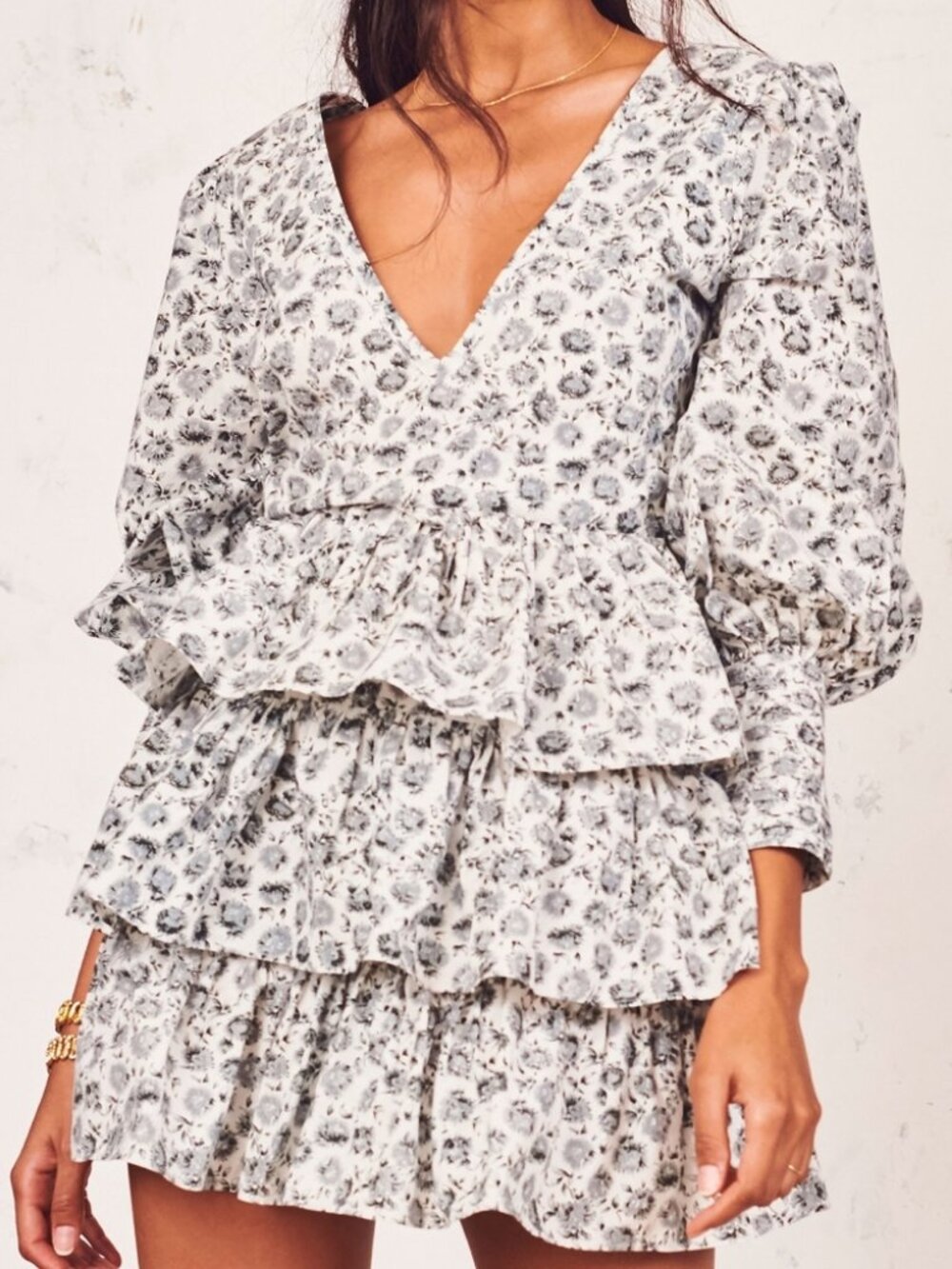 Women LoveShackFancy Grey White (Item-411) Puff Sleeve Floral Paris Mini Dress 0
